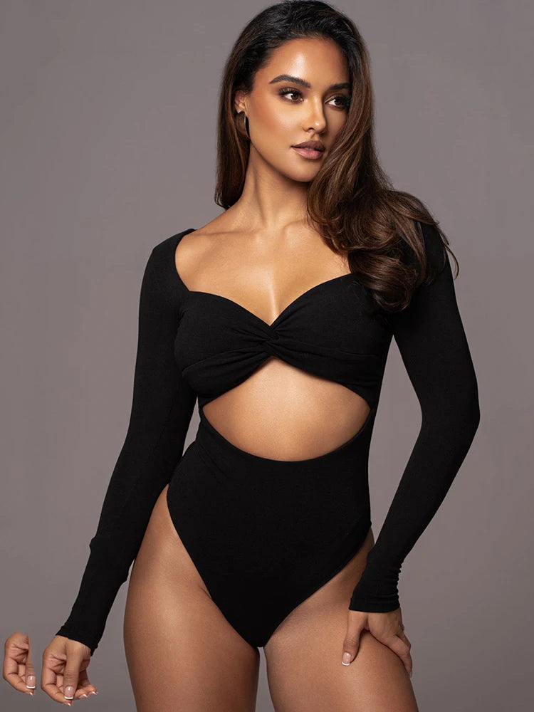 Sexy Long Sleeved Hollowed Out Babysuits Women Elastic Tight Elegant Jumpsuit Female Fashion Skinny Party Club Rompers