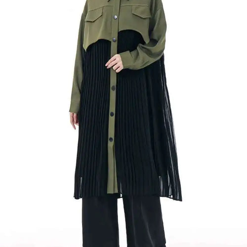 Load image into Gallery viewer, Women Army Green Pleated Spliced Big Size Midi Shirt Dress New Lapel Long Sleeve Fashion Tide Spring Autumn 2025 1DH6927
