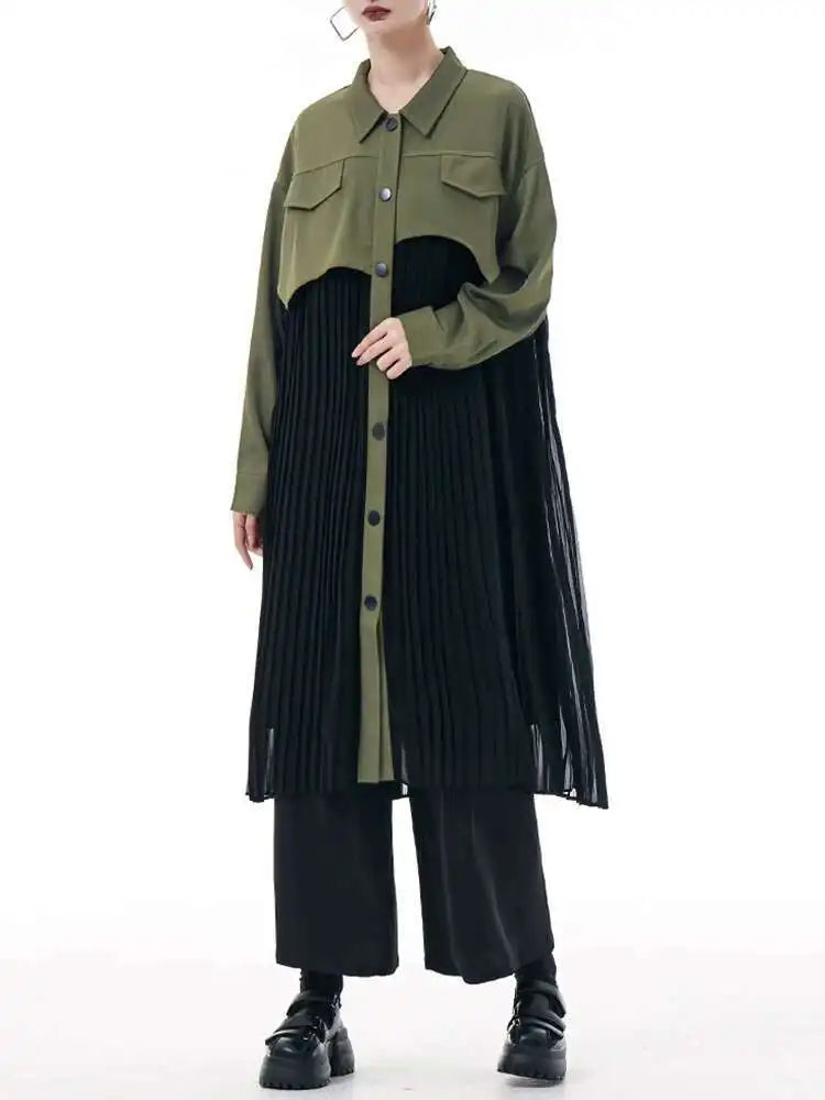 Women Army Green Pleated Spliced Big Size Midi Shirt Dress New Lapel Long Sleeve Fashion Tide Spring Autumn 2025 1DH6927