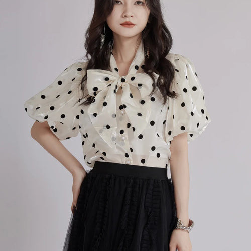Load image into Gallery viewer, Women Apricot Dot Printed Perspective Blouse New Bow Collar Short Sleeve Shirt Fashion Tide Spring Summer 2025 1DJ1516
