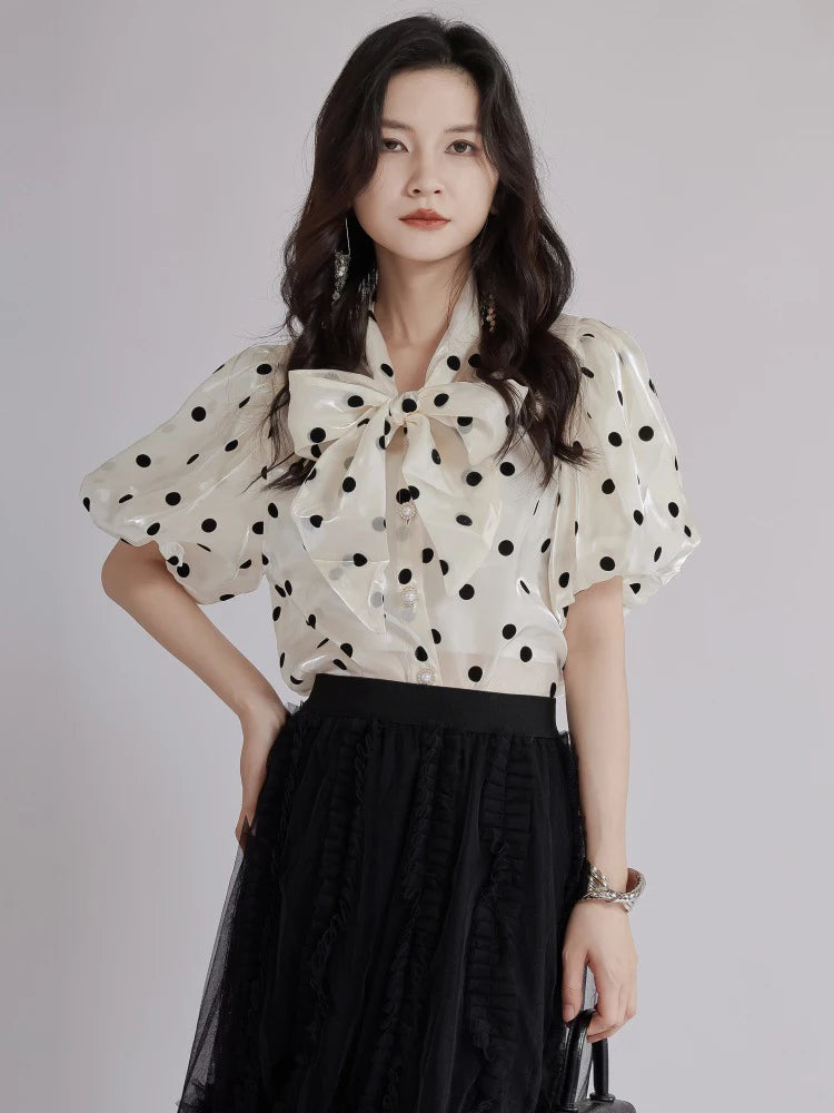 Women Apricot Dot Printed Perspective Blouse New Bow Collar Short Sleeve Shirt Fashion Tide Spring Summer 2025 1DJ1516