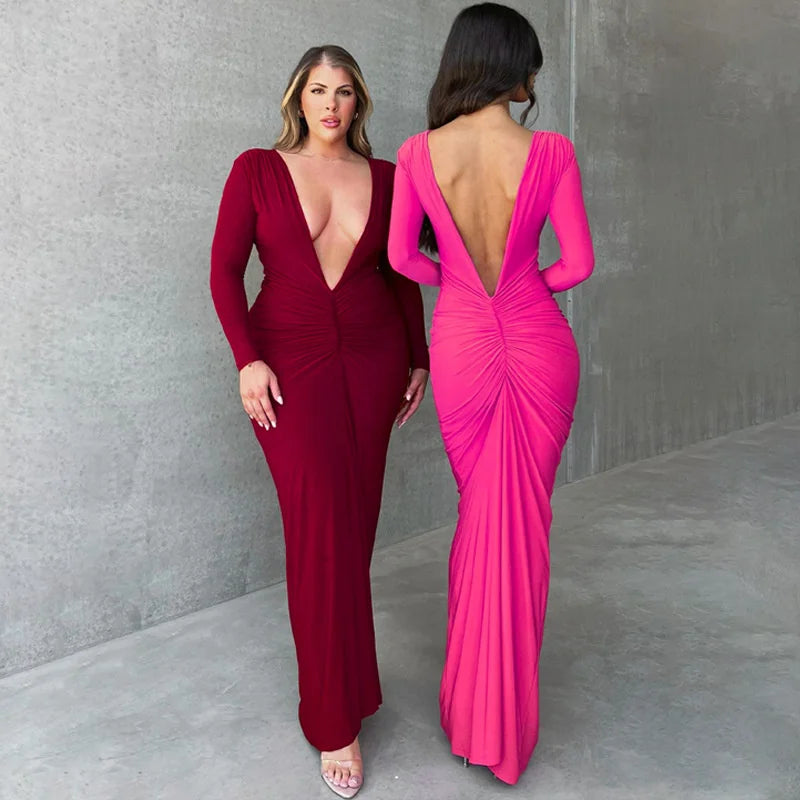 Deep V Neck Ruched Maxi Dress Women Gown Autumn New Long Sleeve Backless Bodycon Sexy Party Evening Dress Vestidos