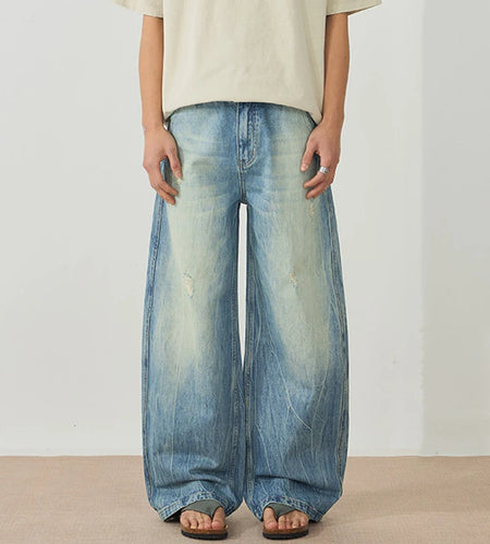 Men's New Summer Washed Lightning Pattern Ripped Trendy Wide Leg Curved Knife Stylish Gradient Color Male Clothing 9W2005