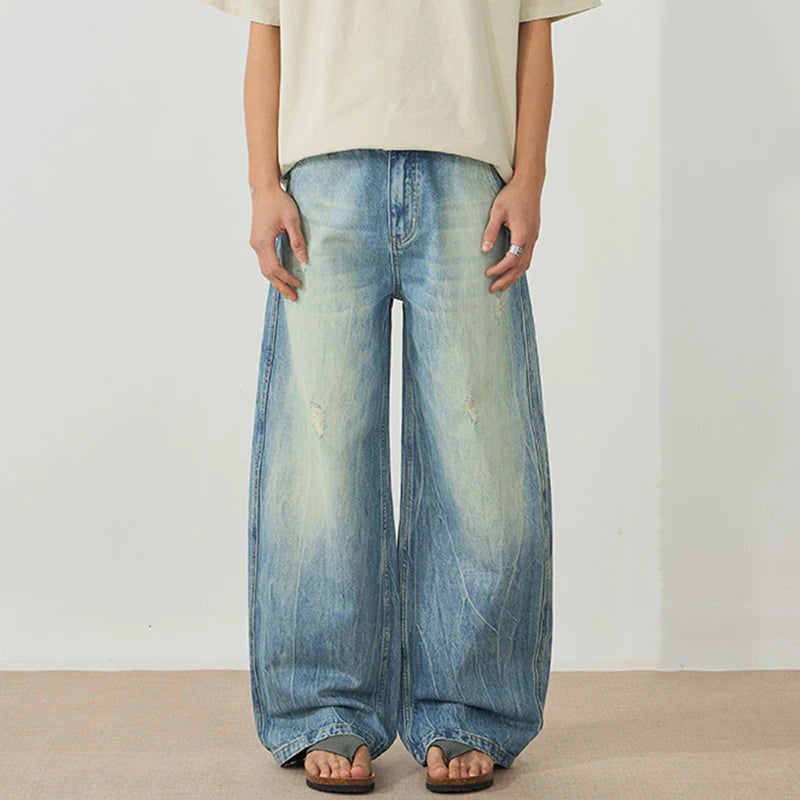 Men's New Summer Washed Lightning Pattern Ripped Trendy Wide Leg Curved Knife Stylish Gradient Color Male Clothing 9W2005