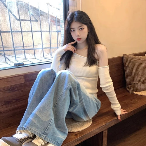 Load image into Gallery viewer, Harajuku Skew Collar Slim Fit T-shirts 2025 Spring Streetwear White Knitted Grunge Tops Women Sexy Y2k Aesthetic Cropped Tees
