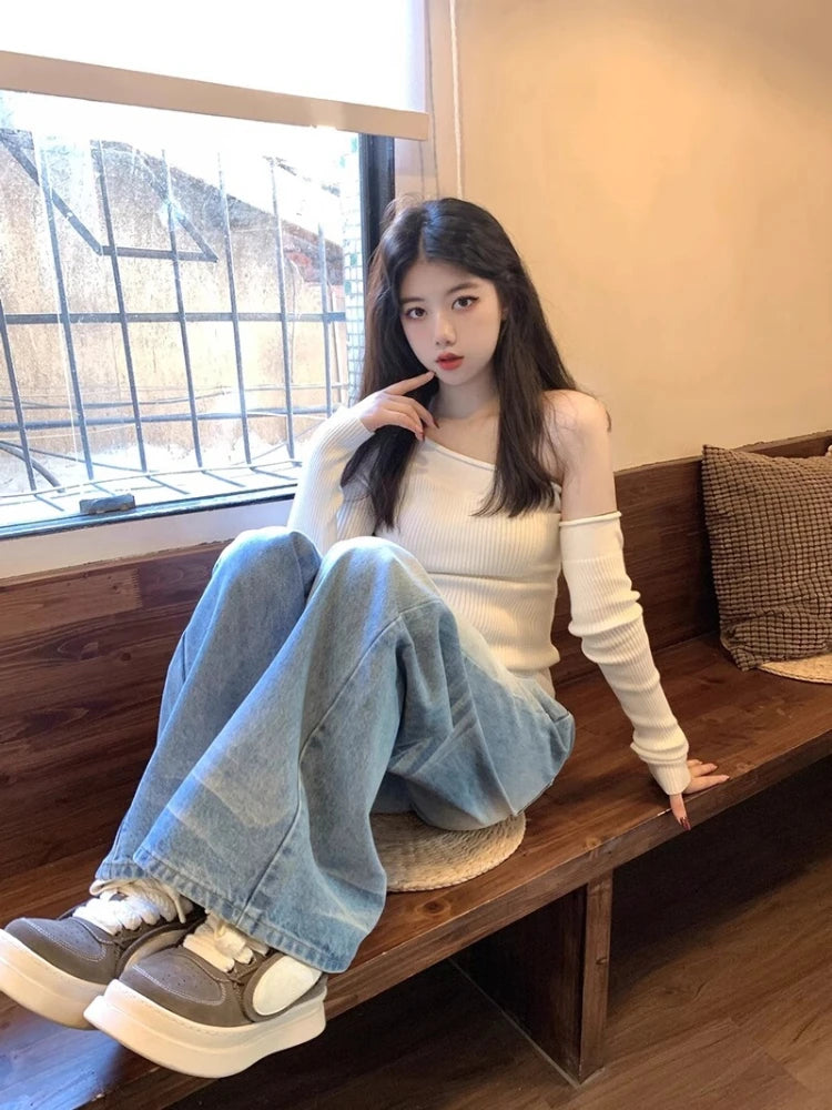 Harajuku Skew Collar Slim Fit T-shirts 2025 Spring Streetwear White Knitted Grunge Tops Women Sexy Y2k Aesthetic Cropped Tees