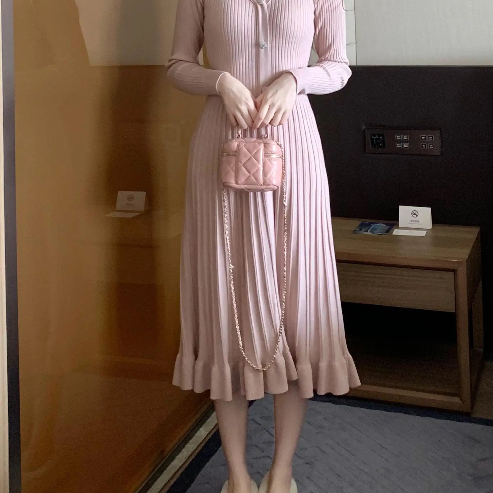 Women Retro White Long Sleeve Dresses Pink V-neck Single Breasted High Waist Ladies Elegant New Black Slim Knitting Dress Korean