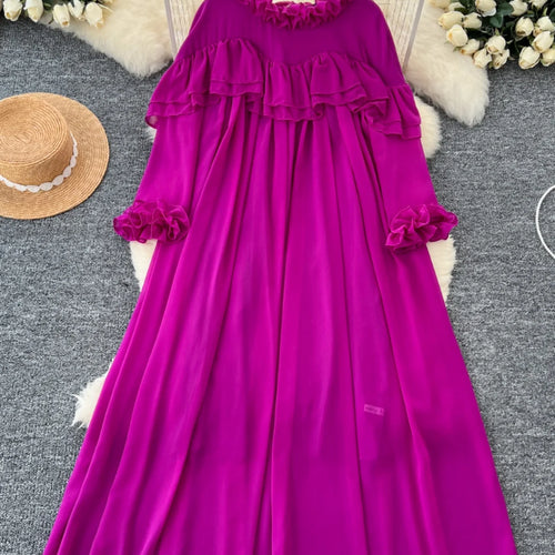 Load image into Gallery viewer, French 2024 Autumn New Solid Elegant Ruffle Edge Neck Long Sleeves Dress Women Vintage Loose Vacation Pleated Dress Popular Chic
