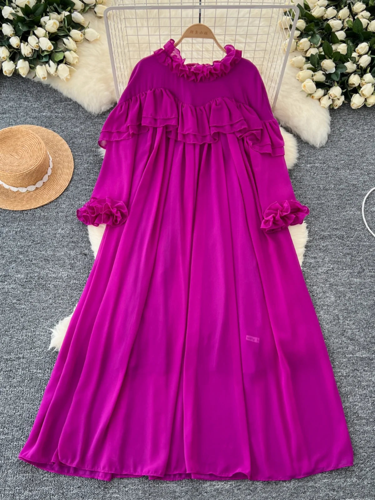 French 2024 Autumn New Solid Elegant Ruffle Edge Neck Long Sleeves Dress Women Vintage Loose Vacation Pleated Dress Popular Chic