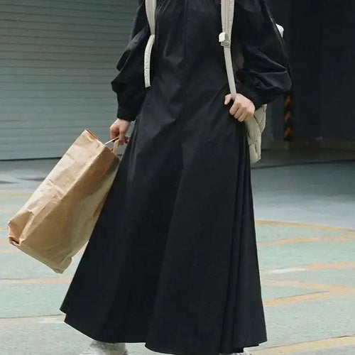 Load image into Gallery viewer, Women Black Brief Long Elegant Dress New Slash Neck Long Puff Sleeve Loose Fit Fashion Tide Spring Autumn 2025 1DF9947
