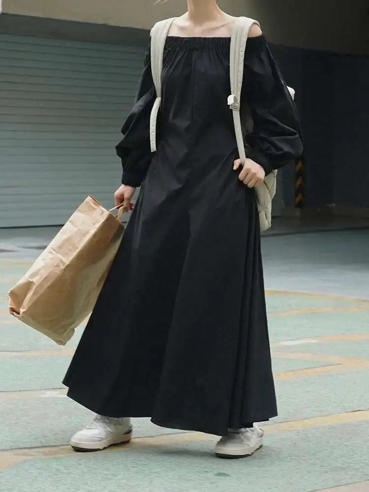 Women Black Brief Long Elegant Dress New Slash Neck Long Puff Sleeve Loose Fit Fashion Tide Spring Autumn 2025 1DF9947