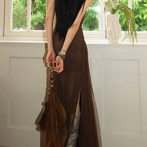 Load image into Gallery viewer, Slimming Sheer Spliced Shirring Fashion Dresses for Women Round Neck Sleeveless Split Elegant Dress Female Clothing
