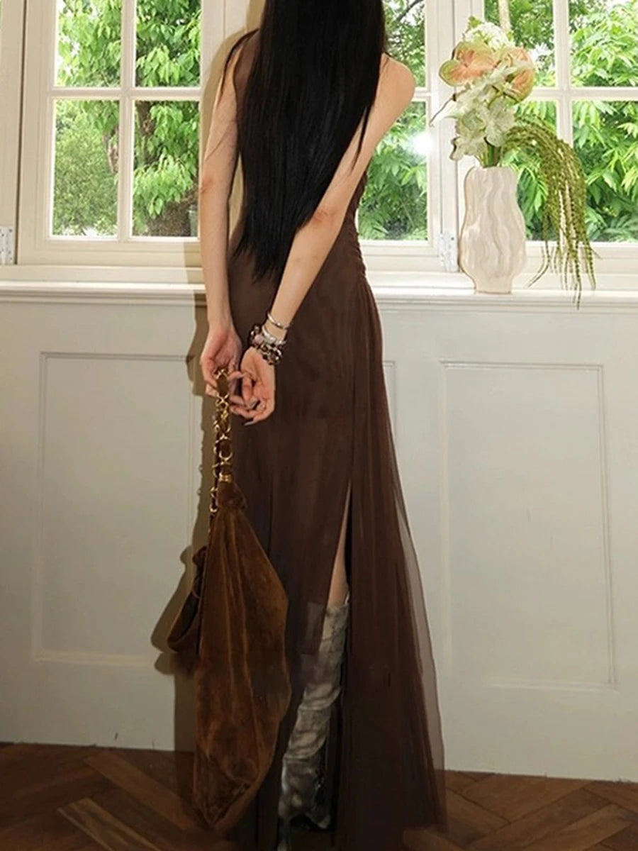 Slimming Sheer Spliced Shirring Fashion Dresses for Women Round Neck Sleeveless Split Elegant Dress Female Clothing