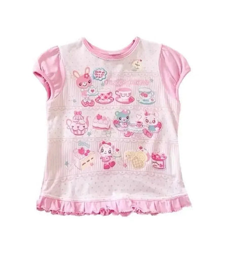 Summer Woman T Shirts Japanese Pink Tees O-neck Short Sleeve Camisetas Anime Print Cute Tshirts Y2k Tops Cartoon Sweet T-shirt