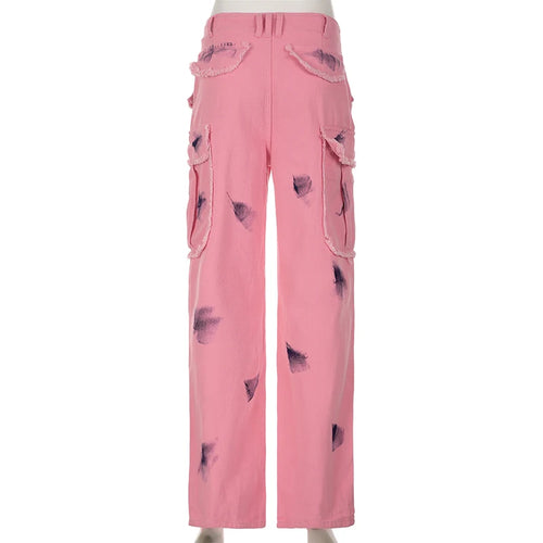 Load image into Gallery viewer, Vintage Y2K Pink Graffiti Low Waist Jeans for Women Streetwear Burr Cargo Pants Pockets Wide Leg Trousers Denim Chic
