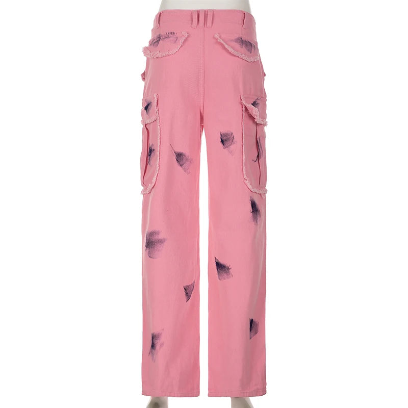 Vintage Y2K Pink Graffiti Low Waist Jeans for Women Streetwear Burr Cargo Pants Pockets Wide Leg Trousers Denim Chic