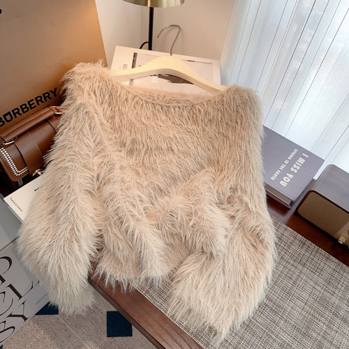 Load image into Gallery viewer, Autumn Winter Solid Knitting Mink Crop Top Women Long Sleeve Round Neck Pullover Casual Crochet Sweater French Fashion Thick New
