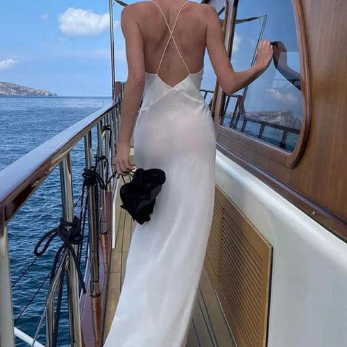 Load image into Gallery viewer, Deep V Neck Tie Flower Backless Maxi Dress Women New Spaghetti Strap Sleeveless Long Dress Elegant Sexy Club Slipdress
