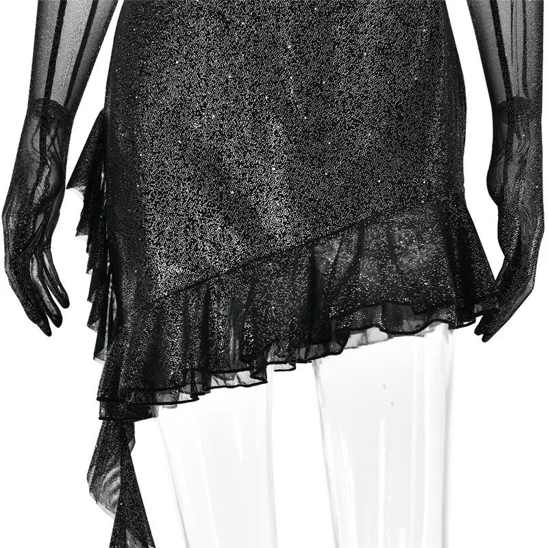 Elegant Strapless Ruffle Sexy Mini Dress For Women Fashion Off-shoulder Backless Sequins Sparkle Club Party Dress