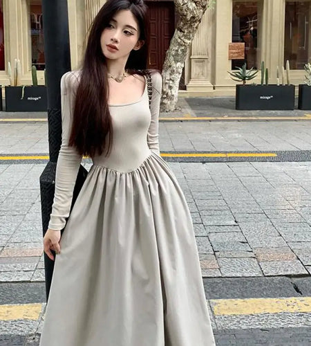 Beige Square Neck Elegant Pleated Dress Women Black Long Sleeve Party Fairy Dress Vintage Autumn 2023 Korean Fashion Popular New