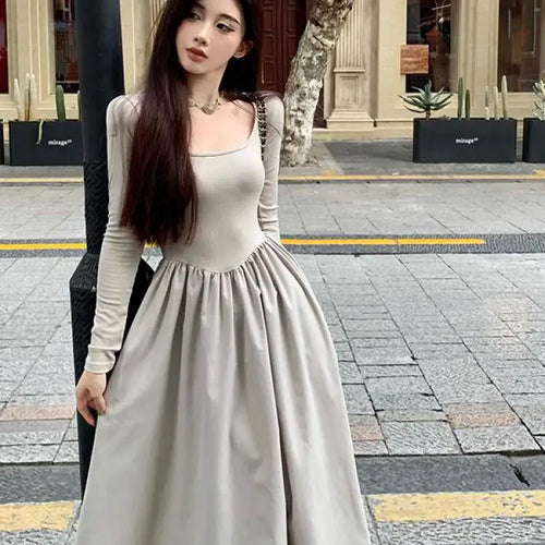 Load image into Gallery viewer, Beige Square Neck Elegant Pleated Dress Women Black Long Sleeve Party Fairy Dress Vintage Autumn 2023 Korean Fashion Popular New
