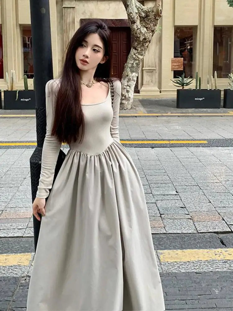 Beige Square Neck Elegant Pleated Dress Women Black Long Sleeve Party Fairy Dress Vintage Autumn 2023 Korean Fashion Popular New