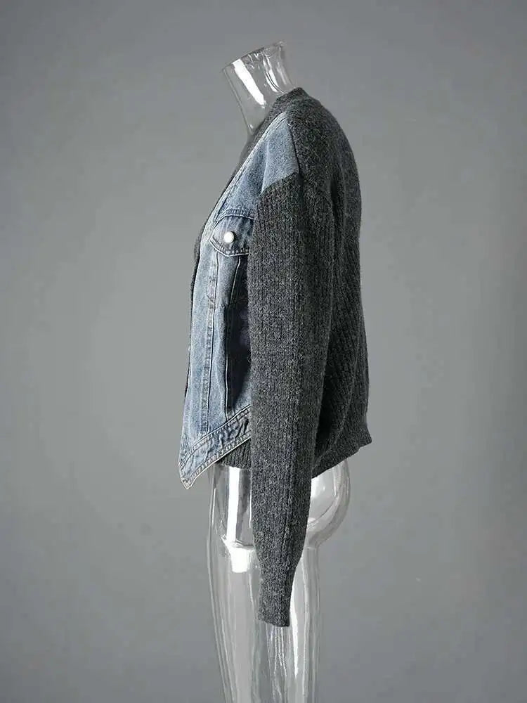 Gray Denim Big Size Design Knitting Cardigan Sweater V-Neck Long Sleeve Women New Fashion Tide Spring Autumn 2025 CP3517