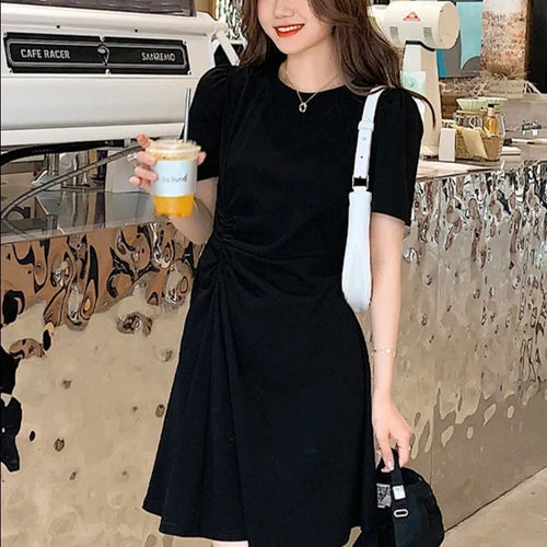 Load image into Gallery viewer, Shirring pure color slim waist female dresses Korean style summer casual O-neck fashion streetwear outfits office ladies
