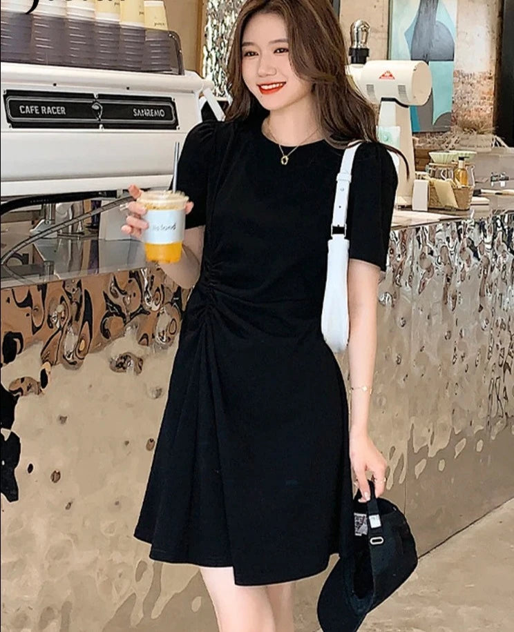 Shirring pure color slim waist female dresses Korean style summer casual O-neck fashion streetwear outfits office ladies