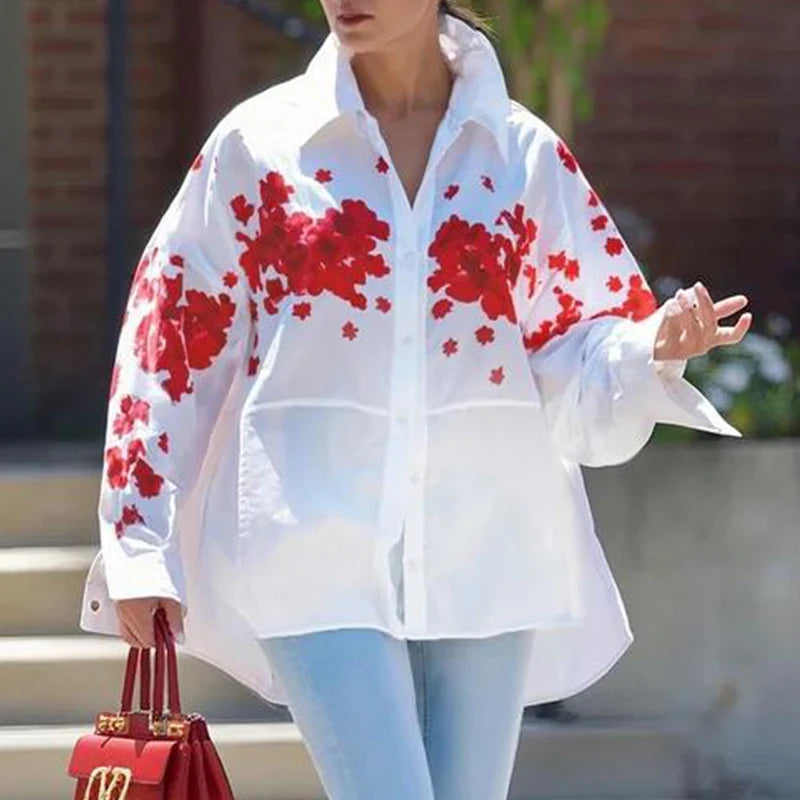 Women’s Loose High-low Hem Shirts Blouses Spring and Autumn 2025 Woman Long Sleeve Fashion Printed Elegant Tops Female