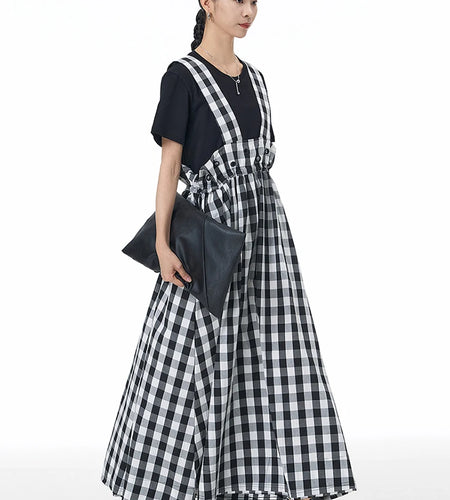 Women Yellow Drawstring Pocket Big Size Long Strap Dress V-neck Sleeveless New Sleeve Fashion Spring Autumn 2025 1DJ0878