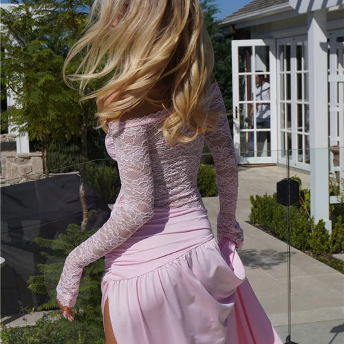 Load image into Gallery viewer, Lace Hollow Out Sexy Maxi Dress Women Gown Off-shoulder Strapless Long Sleeve Backless Split Pleated Long Dress
