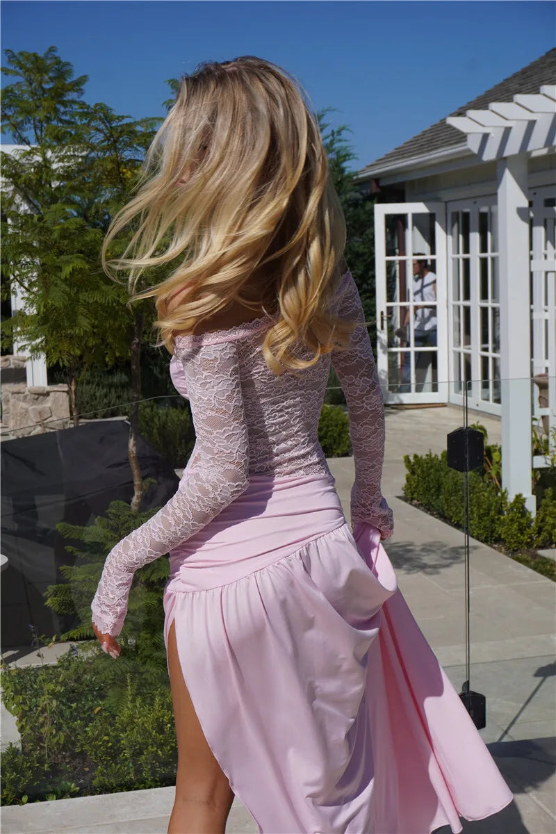 Lace Hollow Out Sexy Maxi Dress Women Gown Off-shoulder Strapless Long Sleeve Backless Split Pleated Long Dress