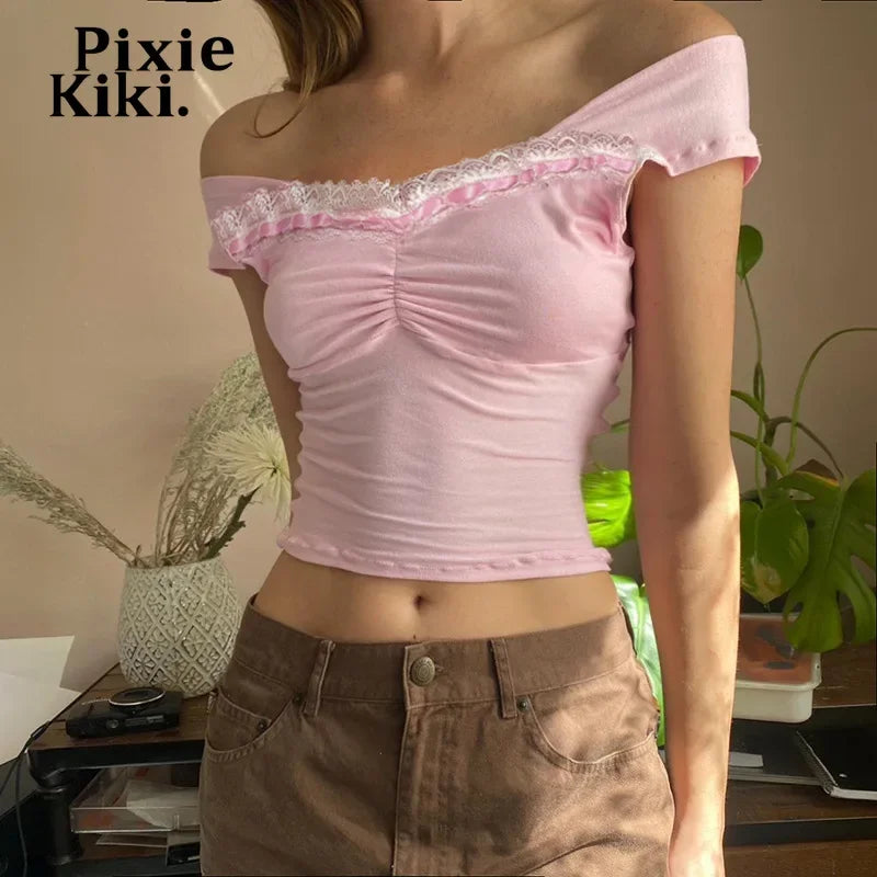 Y2k Tank Tops Woman 2024 Summer Lace Trim Square Neck Backless Crop Top Pink Coquette Clothes P77-BZ12