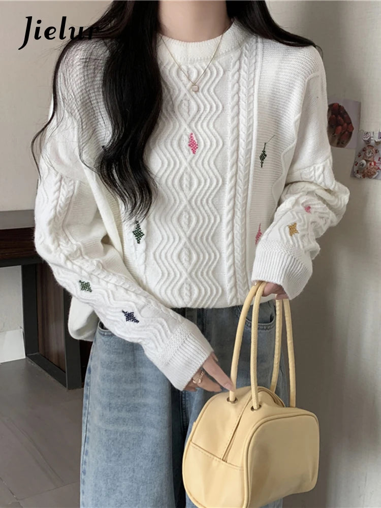 Women Knitted Sweater Autumn New O-Neck Vintage Embroidered Knitwear Baggy Long Sleeve Warm Lady White Pullover Chic