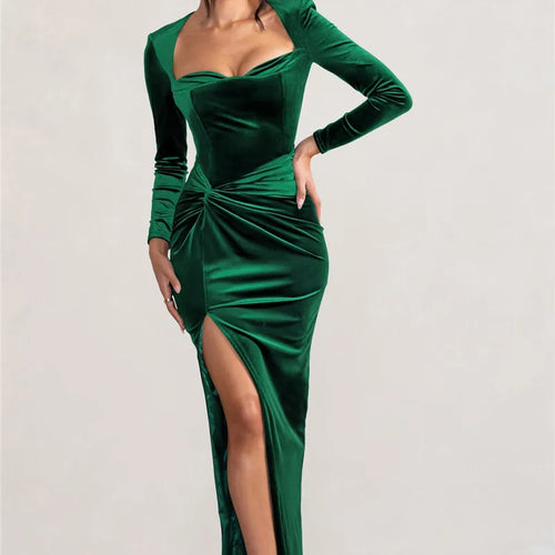 Load image into Gallery viewer, Square Collar Long Sleeve Sexy Maxi Dress For Women Velvet Fashion Ruched Split Bodycon Club Party Elegant Long Dress
