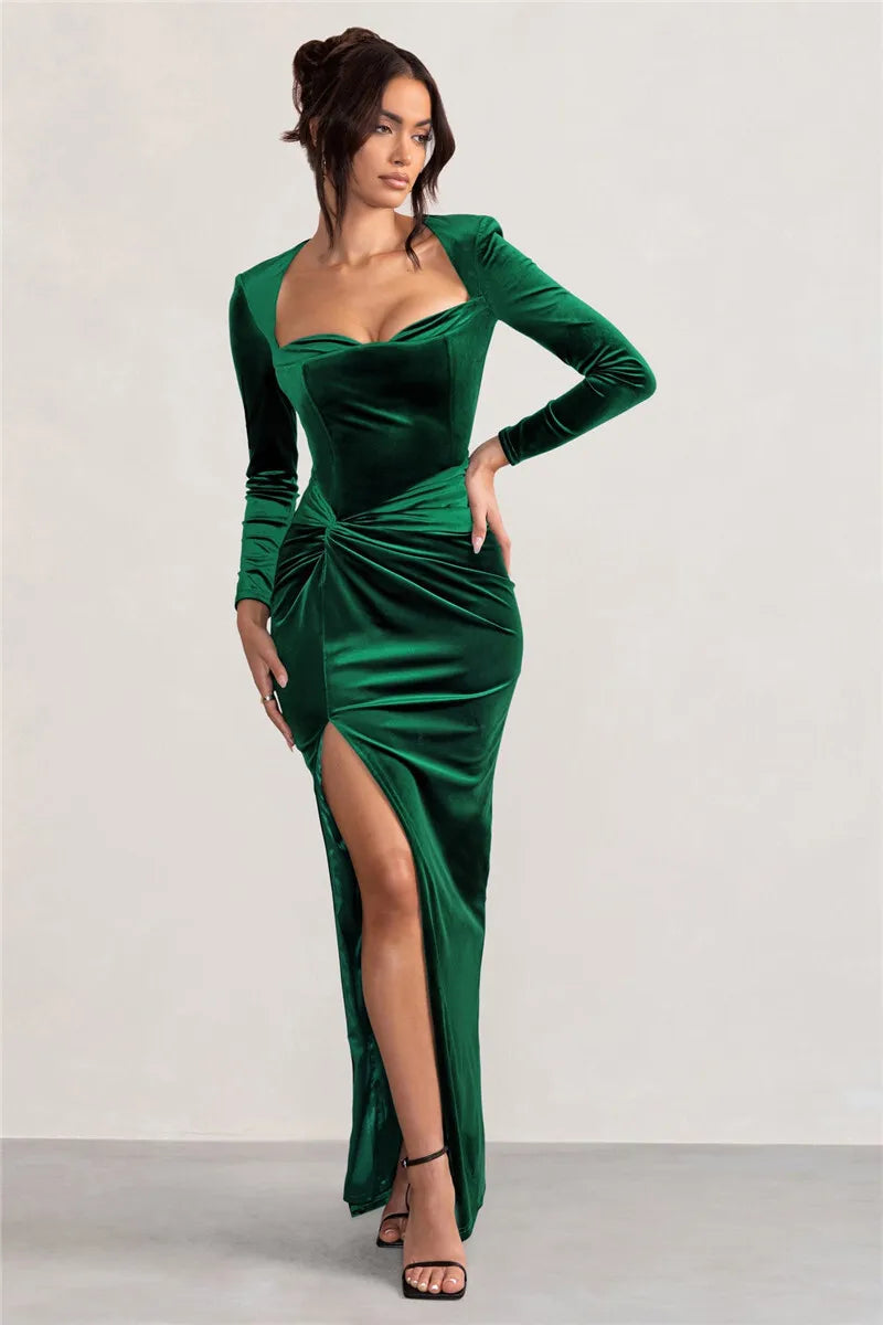 Square Collar Long Sleeve Sexy Maxi Dress For Women Velvet Fashion Ruched Split Bodycon Club Party Elegant Long Dress