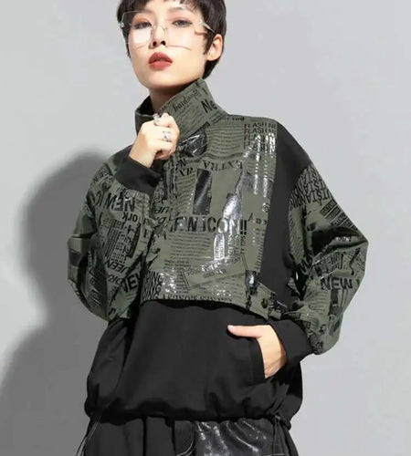 Loose Fit Printed Spliced Sweatshirt New Stand Collar Long Sleeve Women Big Size Fashion Tide Spring Autumn 2025 1DF1320