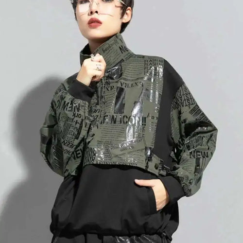 Load image into Gallery viewer, Loose Fit Printed Spliced Sweatshirt New Stand Collar Long Sleeve Women Big Size Fashion Tide Spring Autumn 2025 1DF1320
