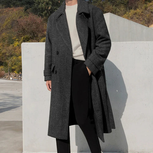 Load image into Gallery viewer, Winter Men&#39;s Woolen Overcoats Thick Double Breasted Belt Turn-down Collar Overknee Solid Color Casual Male Trench 9C8995
