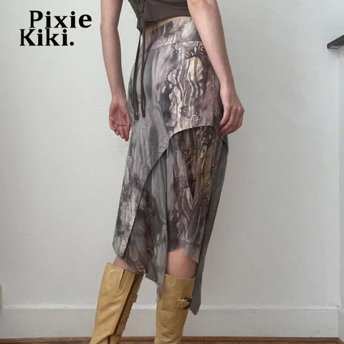 Load image into Gallery viewer, Brown Print Low Waisted Long Skirt Asymmetrical Y2k Trashy Skirts for Woman Vintage Clothes P67-CC30
