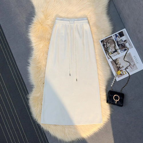 Load image into Gallery viewer, French Vintage Women Solid Drawstring Lace-up Knitted Long Skirt 2024 Autumn Winter Elegant High Waist Vacation Straight Skirts

