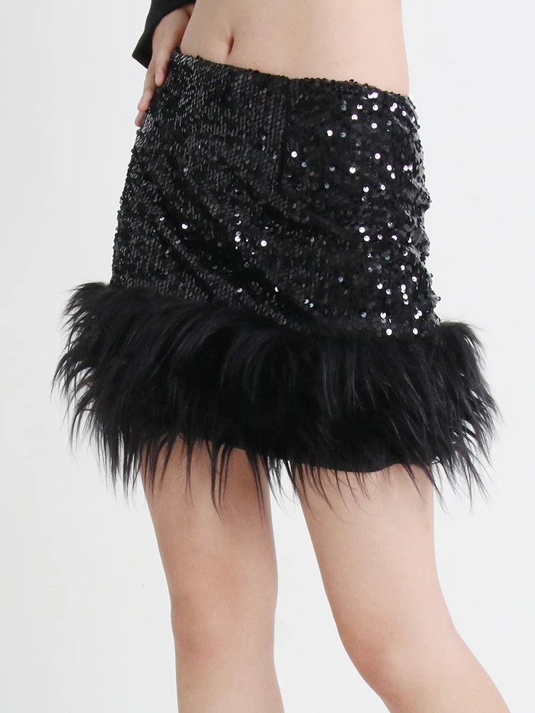 Sexy Sequins Skirt For Women High Waist A Line Solid Minimalist Patchwork Feathers Mini Skirts Female Clothing
