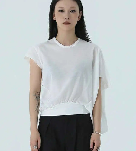 Women White Irregular Denim Big Size Casual T-shirt New Round Neck Short Sleeve Fashion Tide Spring Summer 2025 1DH4945