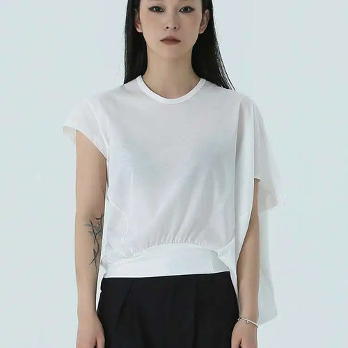 Load image into Gallery viewer, Women White Irregular Denim Big Size Casual T-shirt New Round Neck Short Sleeve Fashion Tide Spring Summer 2025 1DH4945
