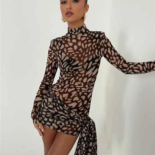 Load image into Gallery viewer, Mesh Leopard Print Sexy Mini Dress For Women Robe Fashion Turtleneck Draped Ruched High Waist Club Dress Vestido
