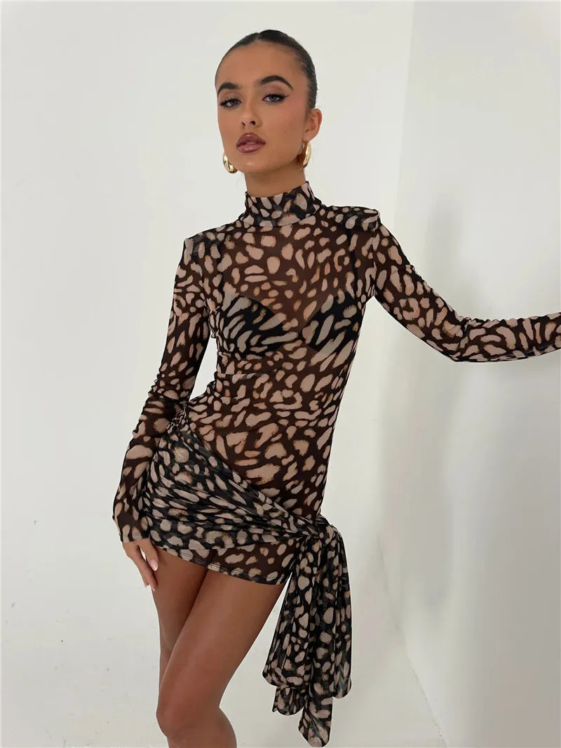 Mesh Leopard Print Sexy Mini Dress For Women Robe Fashion Turtleneck Draped Ruched High Waist Club Dress Vestido