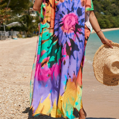 Load image into Gallery viewer, Colorful Kaftan Tunic Beach Cover Up Cover-ups Beach Dress Beach Wear Beachwear Loose Maxi Dress Female Women V4428
