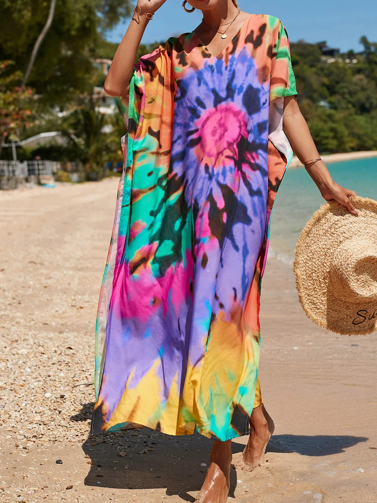 Colorful Kaftan Tunic Beach Cover Up Cover-ups Beach Dress Beach Wear Beachwear Loose Maxi Dress Female Women V4428