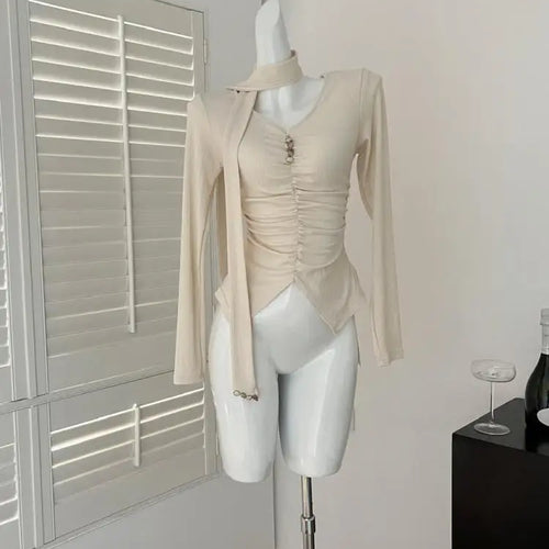 Load image into Gallery viewer, Women Black Beige Festival Pleated T-shirt Casual Grey V Neck Long Sleeve Top Ladies Versatile Clothing Spring Autumn 2025 Trend
